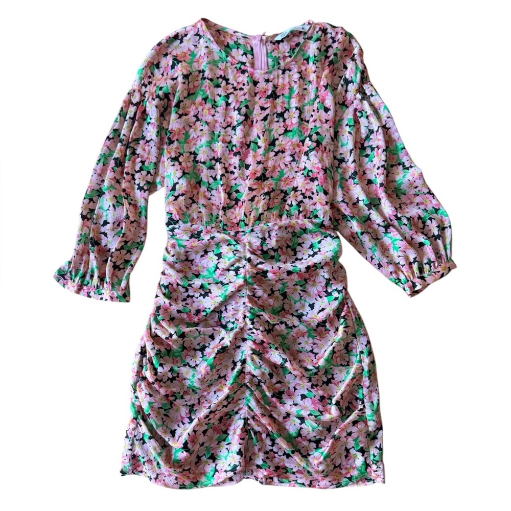 Zara Small Pink Floral Print Bodycon Ruched Mini Dress Tie Waist - Picture 3 of 8